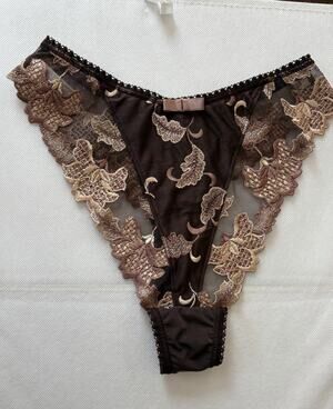 Simone Pérèle Paris NWOT Embroidered Lace Mesh Bikini Panties Brown Size 1 Small